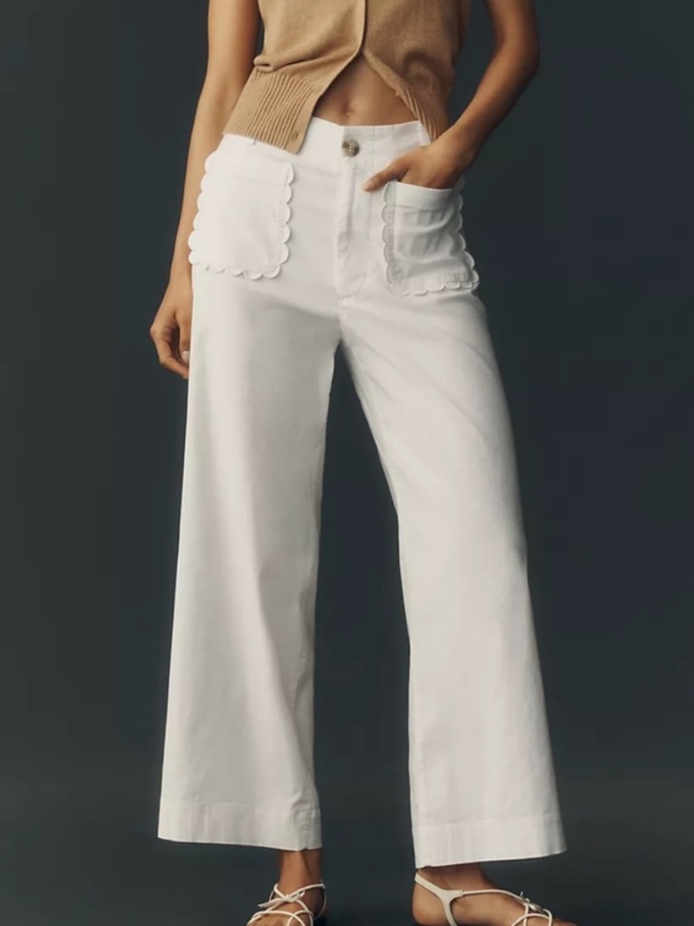 Maeve Colette Wide Leg Linen Blend Crop Ankle Pant Scallop Patch Pocket White 28